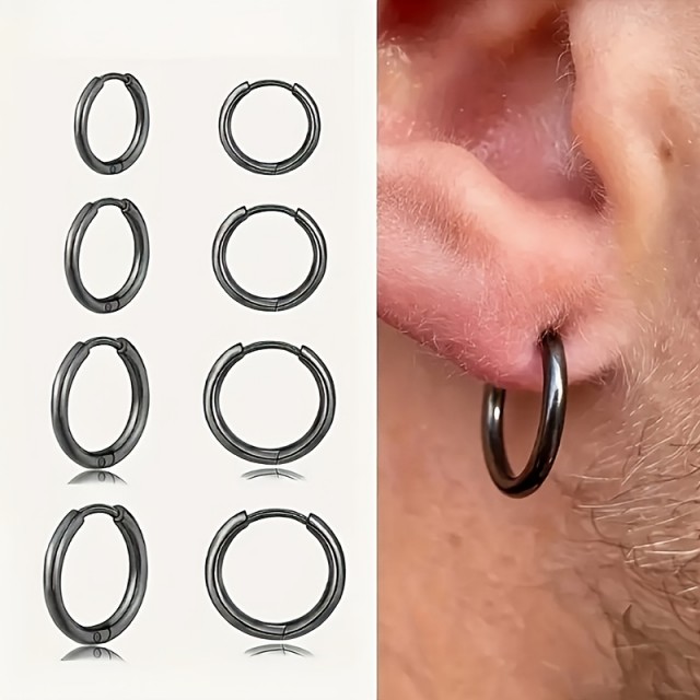 Moški okrogli uhani nerjaveči - komplet 4 parov srebrne ali črne barve 