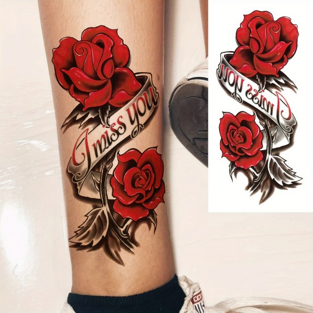 Vodoodporna tatu nalepka z motivom rdeče vrtnice MISS YOU