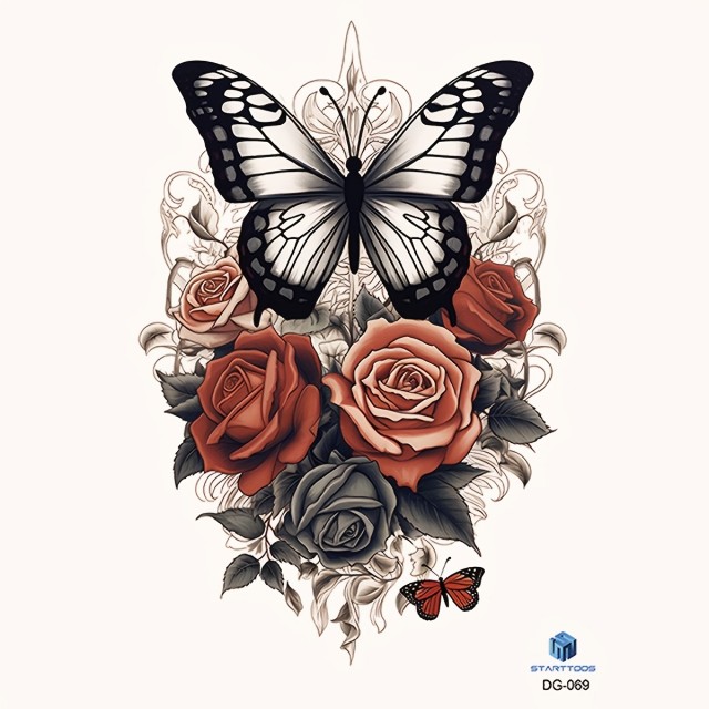 Vodoodporna začasna tatu nalepka, 3D večbarvni dizajn vrtnic in metuljev