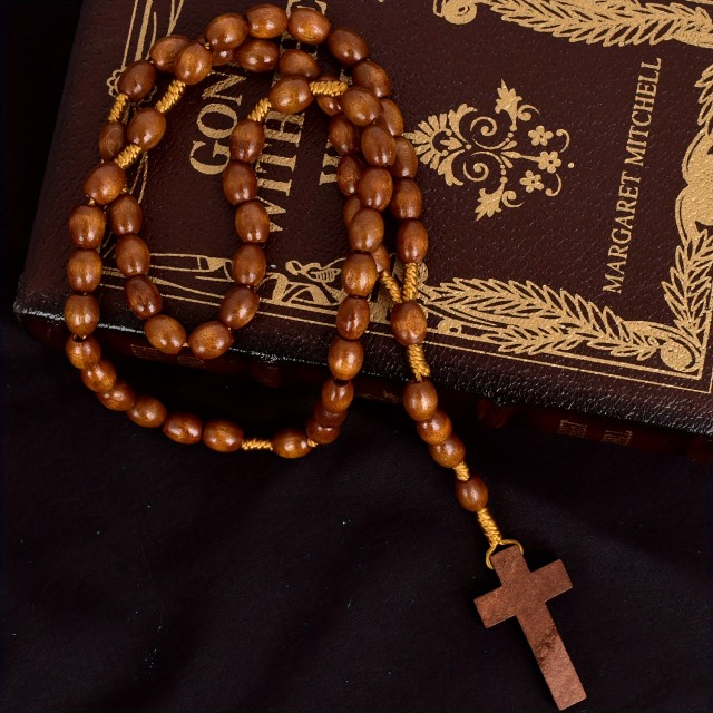 Lesena verska ogrlica rožni venec v svetlo rjavi barvi