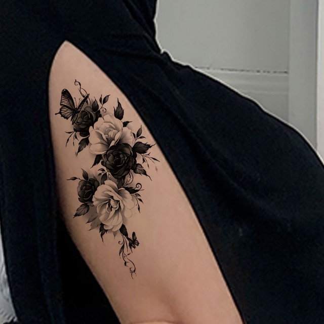 Tatu nalepka z dizajnom metulja in vrtnice