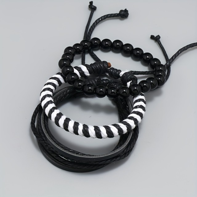 Komplet 3 moških zapestnic v črno beli kombinaciji