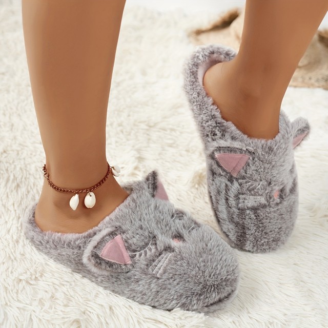 Ženski plišasti hišni copati z motivom sive mucke 