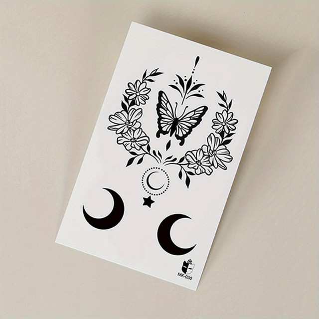 Začasna tattoo nalepka s črnim metuljem in polmesecem 