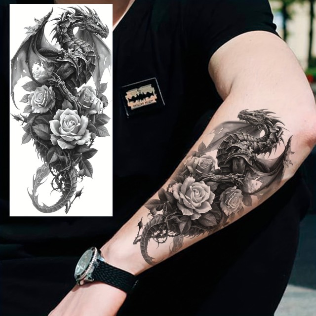 Vodoodporni začasni tatoo zmaj in motiv rož