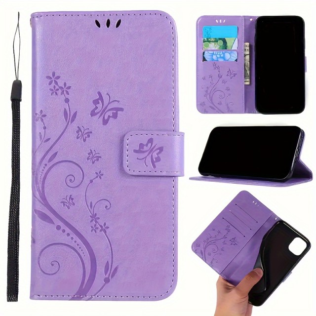 Šik reliefni usnjen ovitek z metulji vijola iPhone 13