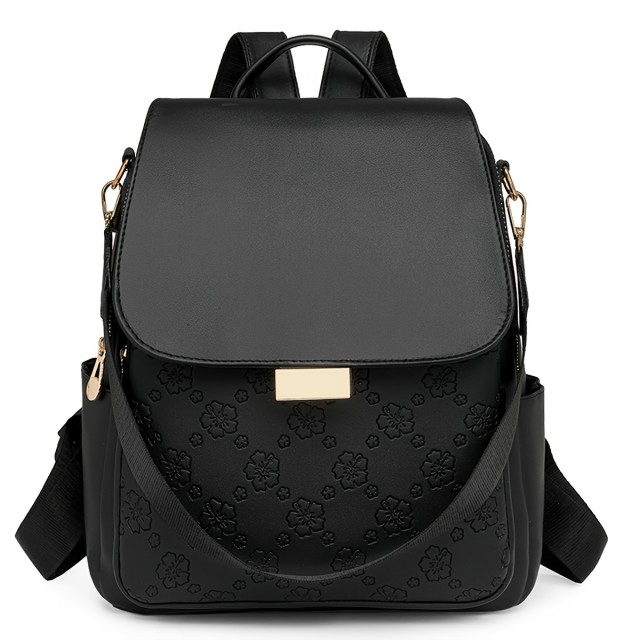 Elegantni črn ženski nahrbtnik s cvetličnimi detajli 