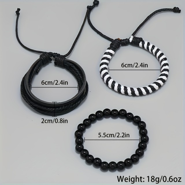 Komplet 3 moških zapestnic v črno beli kombinaciji