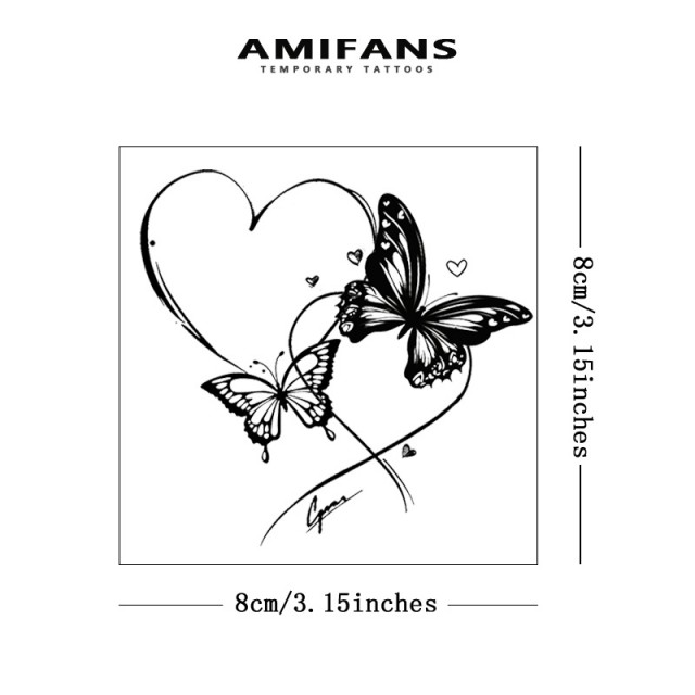 Črna začasna tetovaža z metuljem in srcem