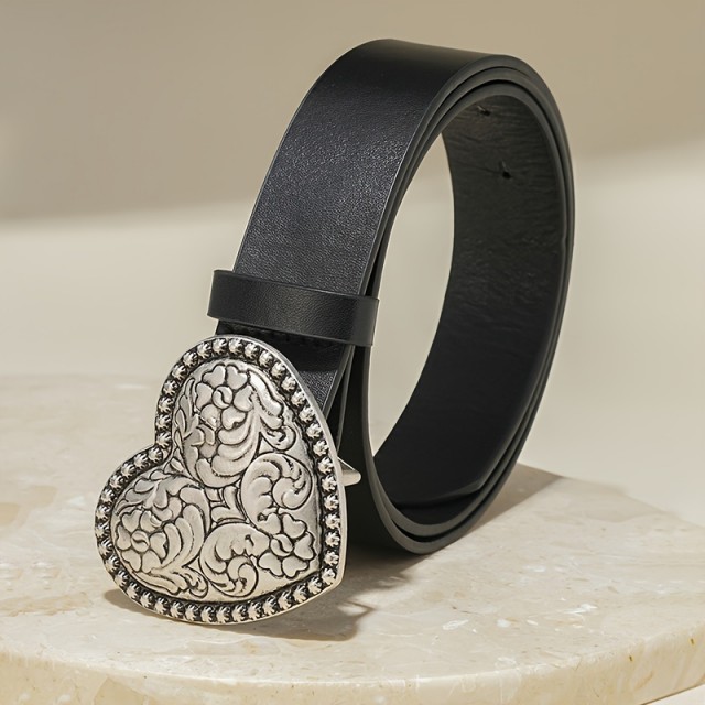 Ženski modni pas črne barve z vintage srcem