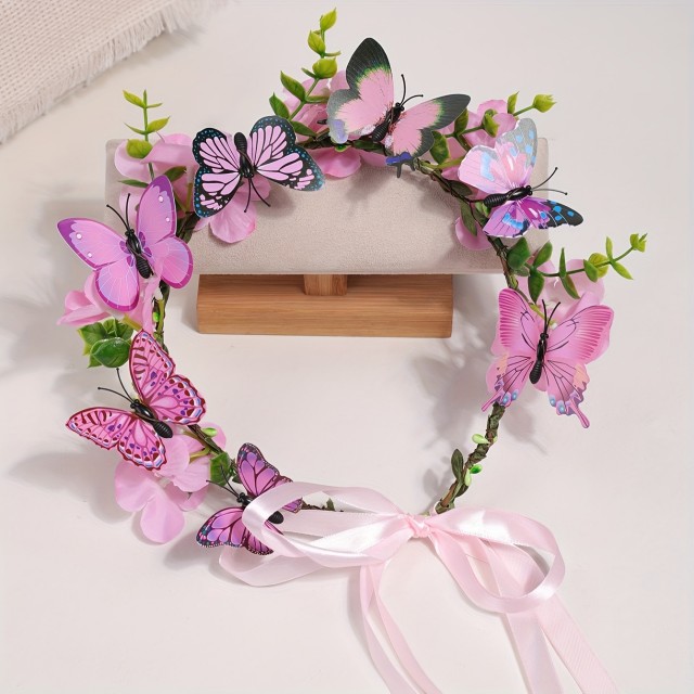 Venec za lase z rožami in metulji roza barve
