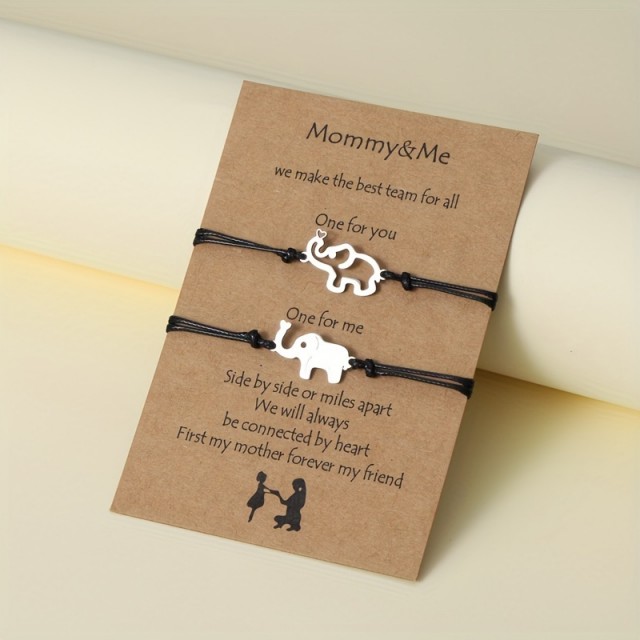 Komplet dveh zapestnic s sloni in posvetilom za mami in hči