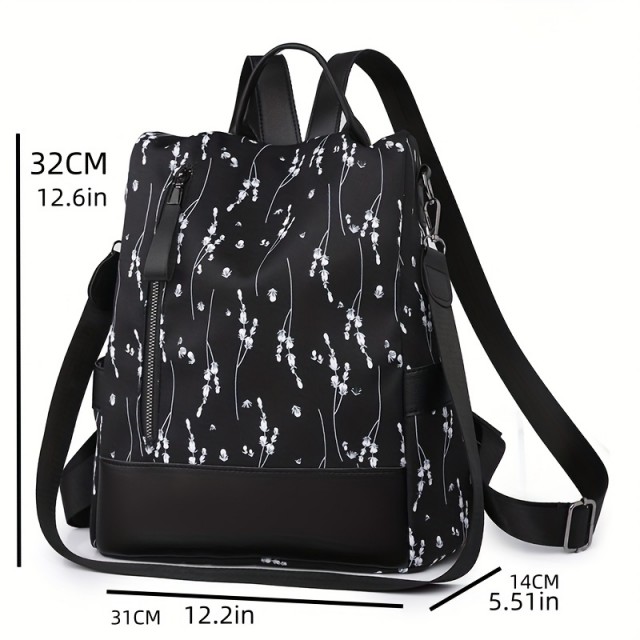 Ženski elegantni črn nahrbtnik s cvetličnim potiskom 