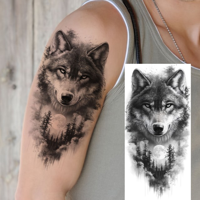 Moška tattoo nalepka z volkom v gozdu