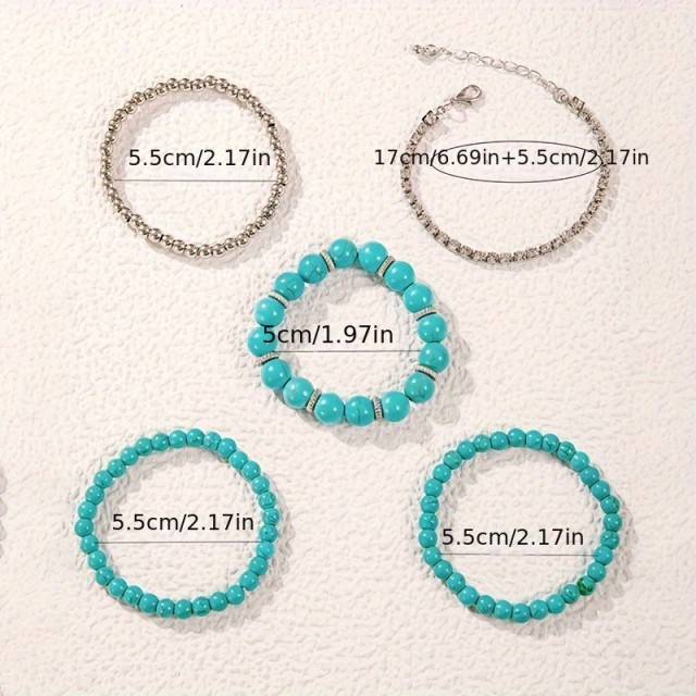 Boho-chic 5-delni set zapestnic s turkiznimi kamenčki