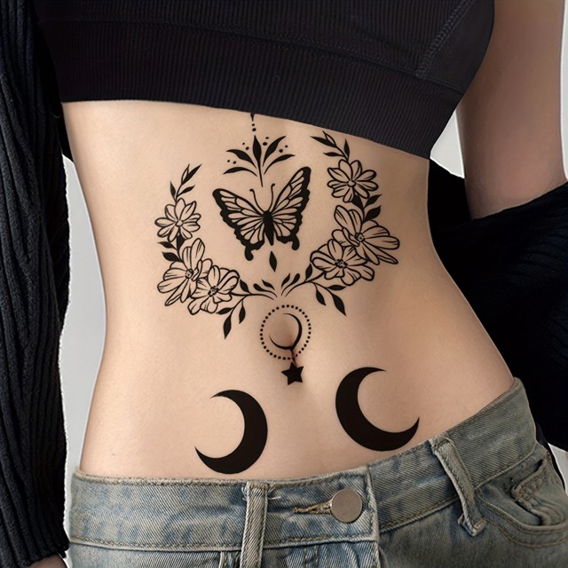 Začasna tattoo nalepka s črnim metuljem in polmesecem 