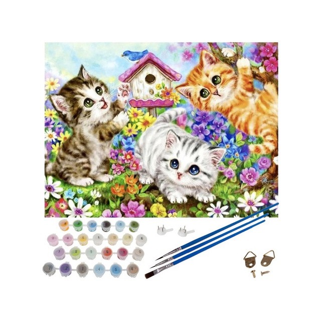 Slikanje po številkah – Mucke v vrtu (40×50 cm)