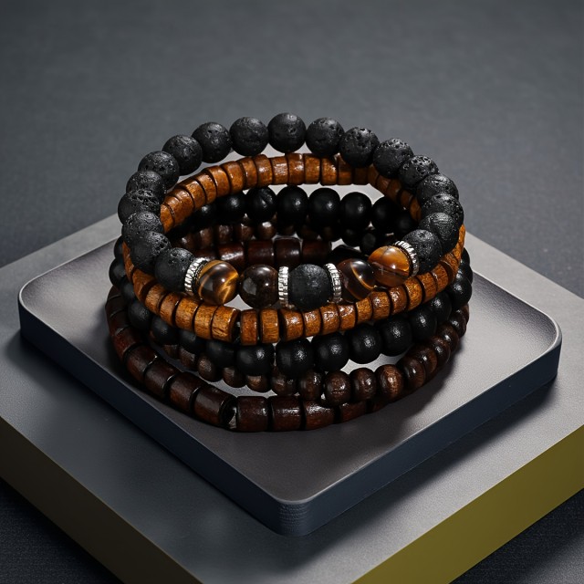 5-delni komplet modnih zapestnic iz lesa s kamnom tigrovo oko