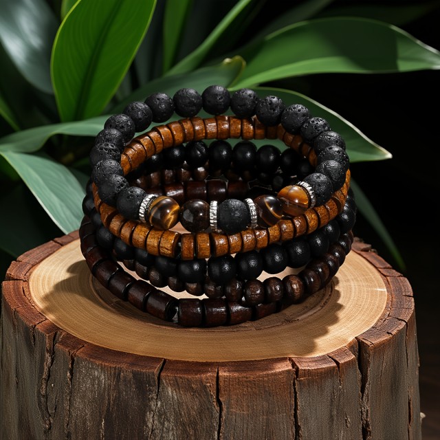 5-delni komplet modnih zapestnic iz lesa s kamnom tigrovo oko