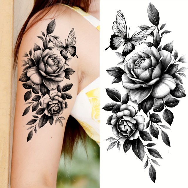 Vodoodporna tatu nalepka z rožami in metuljem