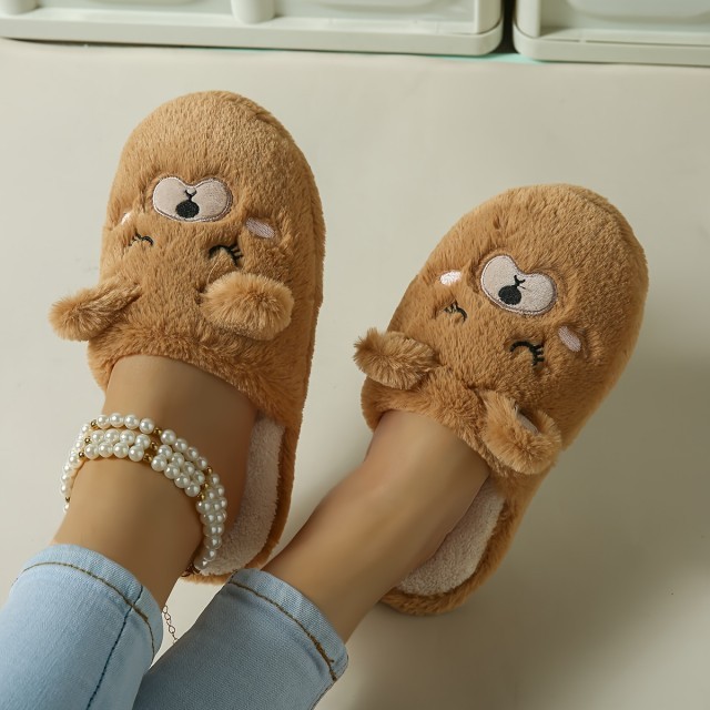 Prikupni rjavi ženski hišni copati z uhlji