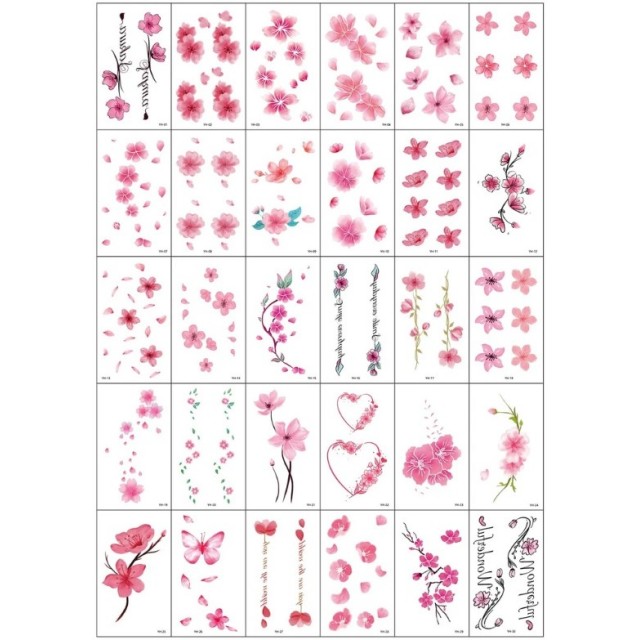 Set začasnih tatujev z roza rožicami – 30 v kompletu 