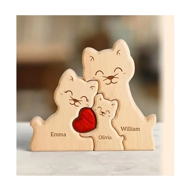 Personalizirana lesena mačja sestavljanka VAŠA DRUŽINA