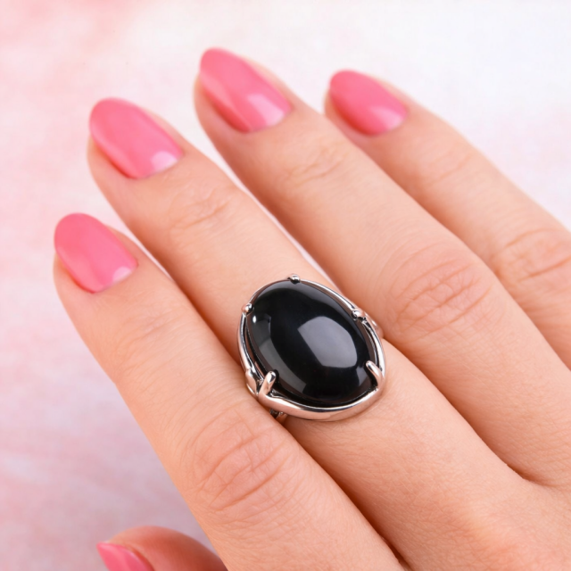 Odprt nastavljiv prstan z naravnim kamnom Obsidian