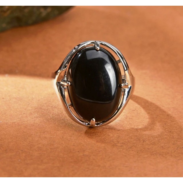 Odprt nastavljiv prstan z naravnim kamnom Obsidian