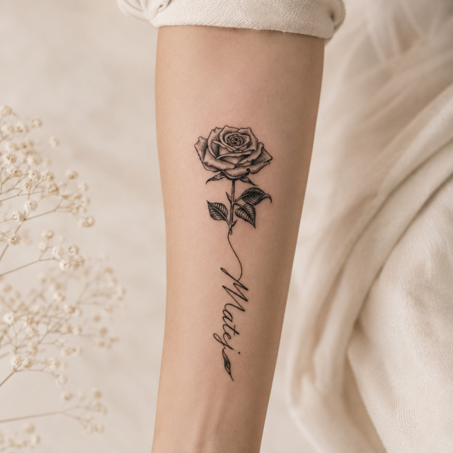 Personalizirana tatu nalepka s črno vrtnico in imenom po želji 