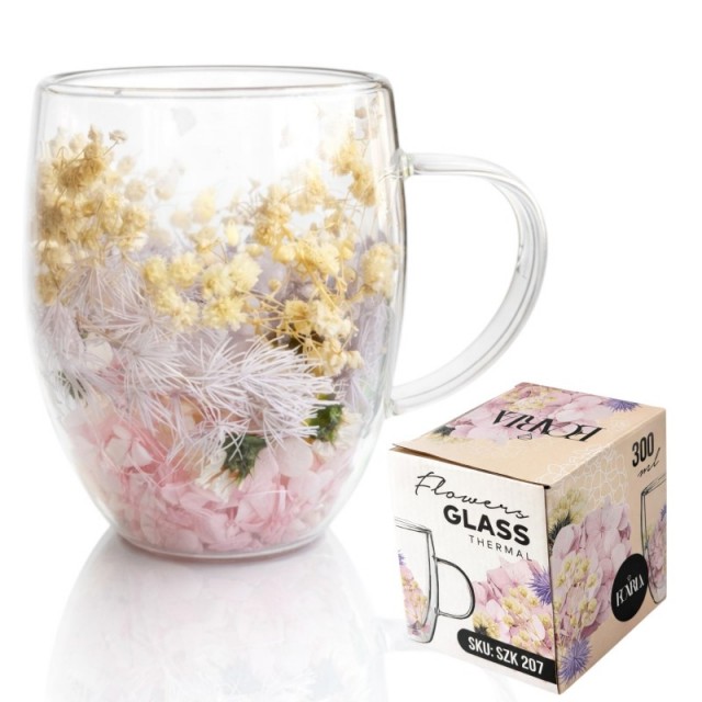 Termo kozarec s cvetjem v notranjosti – gipsofila in barvne hortenzije, 300 ml