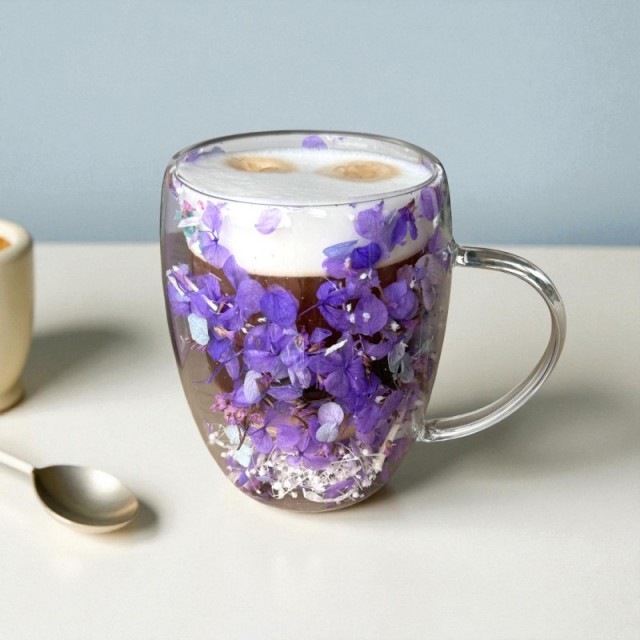 Termo kozarec s cvetjem v notranjosti – gipsofila in hortenzije, 300 ml