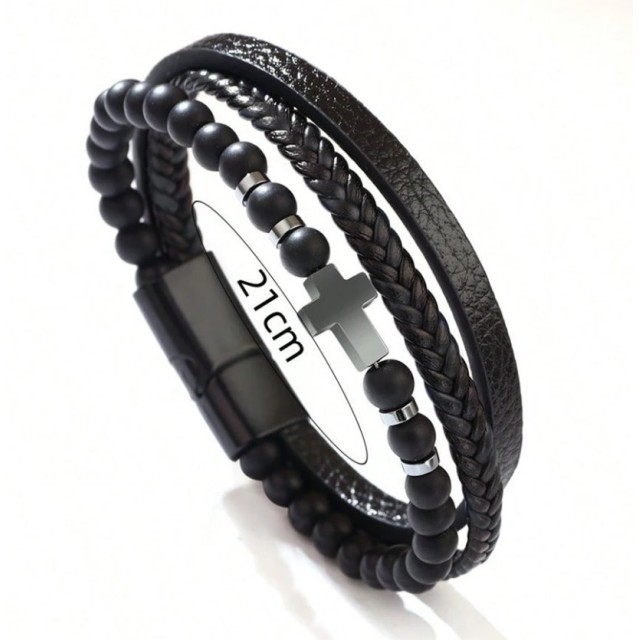 Večdelna moška zapestnica s križem – črna