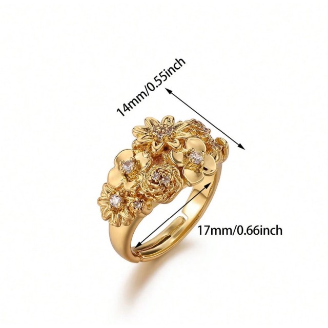 Nastavljiv prstan z rožami zlate barve 