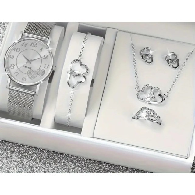 5 delni komplet v srebrni barvi, ura in nakit