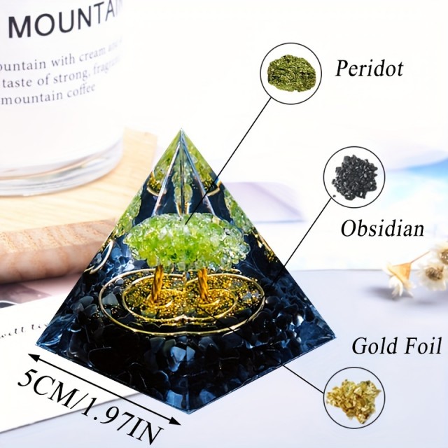 Orgonitna piramida z drevesom življenja Peridot & Obsidian 5 cm