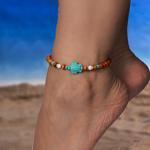 Boho rjava zapestnica za nogo z modro želvo