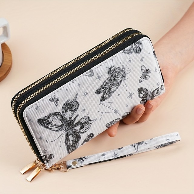 Velika prostorna denarnica z dvojno zadrgo in potiskom metuljev 2 barvi