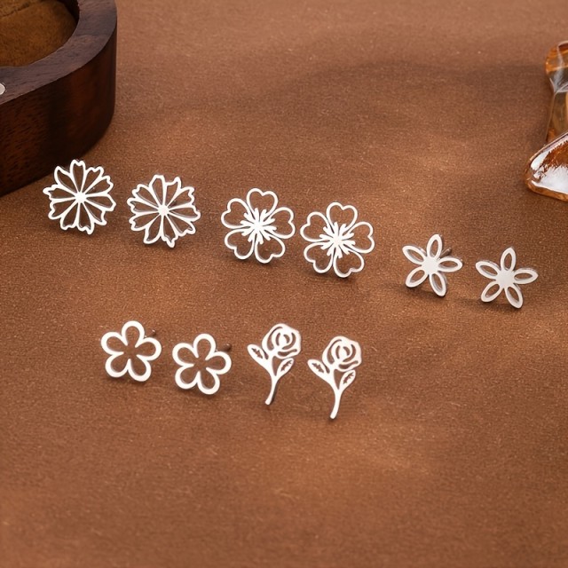 5 parov minimalističnih in ljubkih cvetličnih uhanov iz nerjavečega jekla