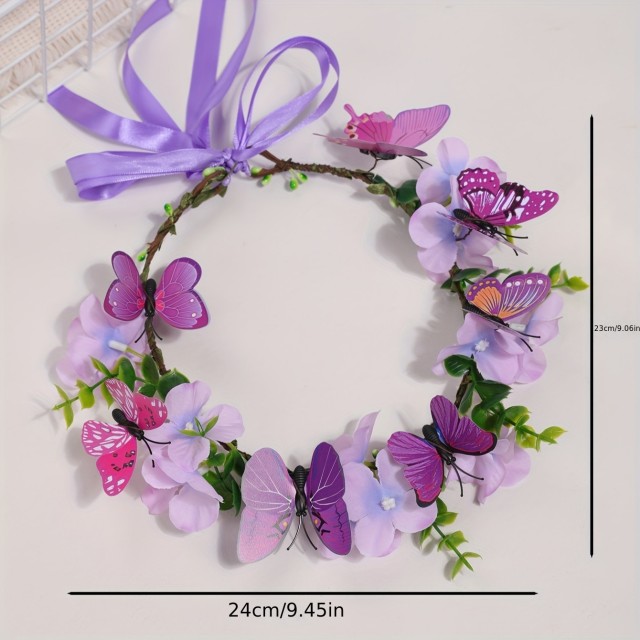 Venec za lase z rožami in metulji roza barve