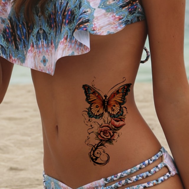 Barvna tatu nalepka z metuljem in rožami