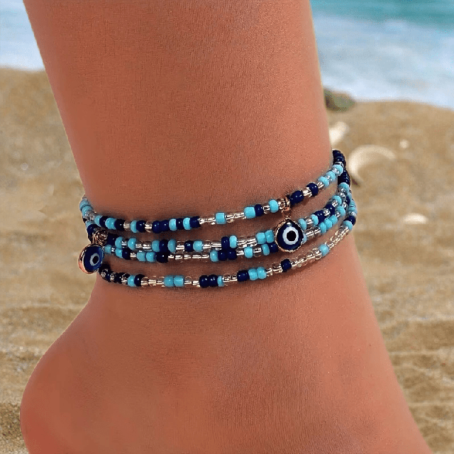 3 delna zapestnica za nogo v modri barvi Evil Eye 