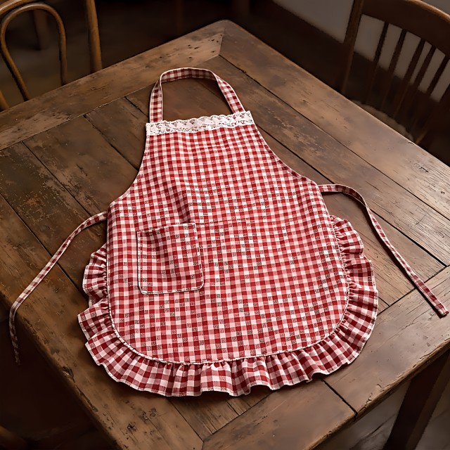 Vintage predpasnik z rdeče-belim karo vzorcem in naborkanim robom