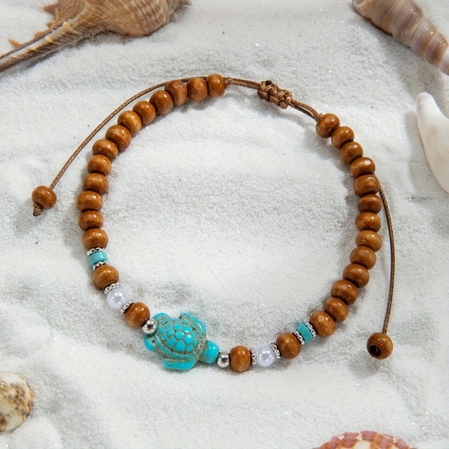 Boho rjava zapestnica za nogo z modro želvo