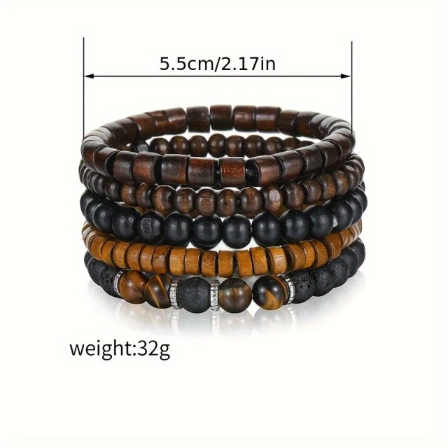 5-delni komplet modnih zapestnic iz lesa s kamnom tigrovo oko