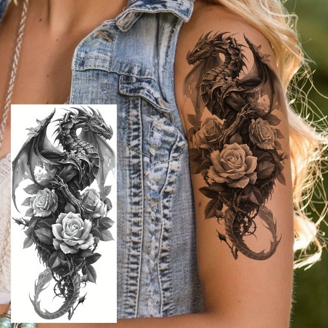 Vodoodporni začasni tatoo zmaj in motiv rož