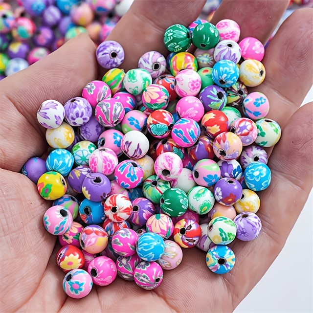 Okrogle fimo perle s cvetličnimi vzorci – pisani miks – 50 kosov