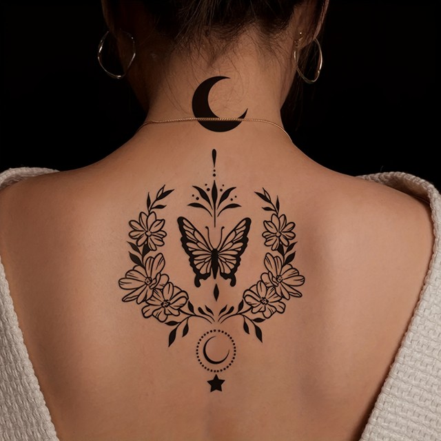 Začasna tattoo nalepka s črnim metuljem in polmesecem 
