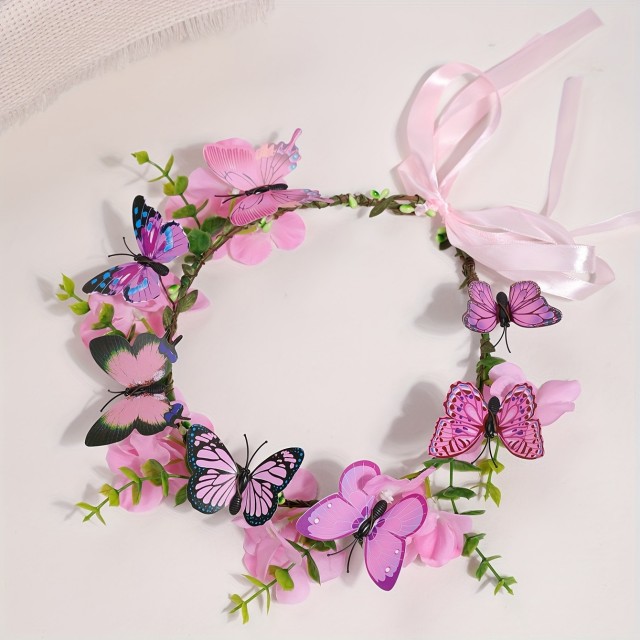 Venec za lase z rožami in metulji roza barve