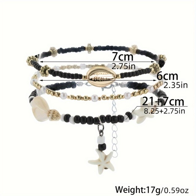 3 delni komplet zapestnic za nogo s črnimi perlami in školjkami